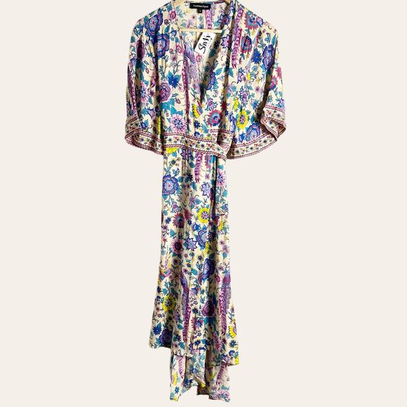 Fashion Fuse Cream Floral Bird Print Short Sleeve Wrap Midi Dress Size Small - Picture 1 of 12